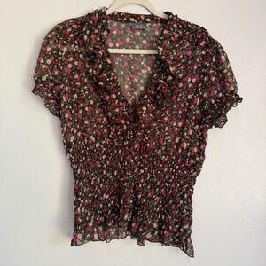 Dots Womens XL Brown Pink Floral Smocked Ruffle V-Neck Chiffon Blouse Top Y2K